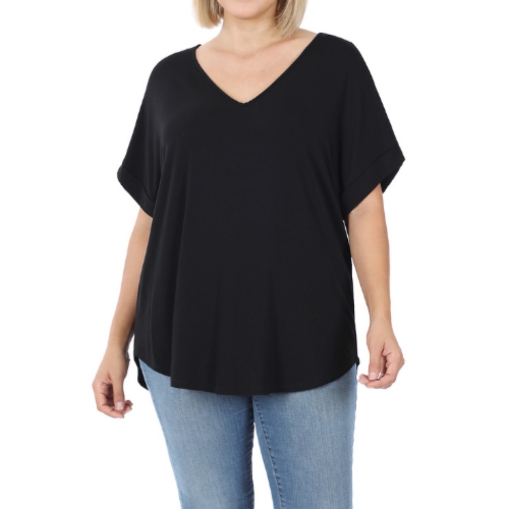 Zenana Black Womens V-Neck T-Shirt Plus Size with Drop Shoulder